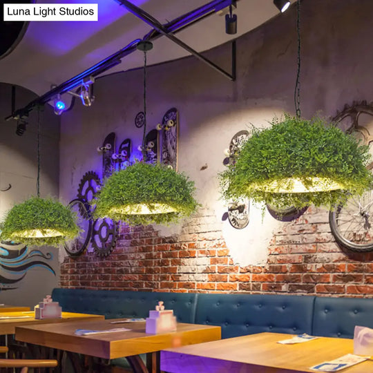 Iron Suspension Restaurant Pendant Light - Retro Green Dome Design With Plant Decor