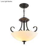Iron Swirled Arm Retro Ceiling Light For Dining Room With 3 Heads And White Glass Shade