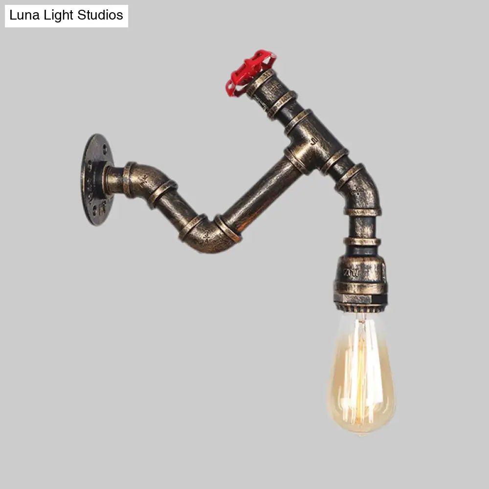 Iron Wall Lamp Industrial Style With Exposed Bulb & Red Valve - Aged Bronze Finish