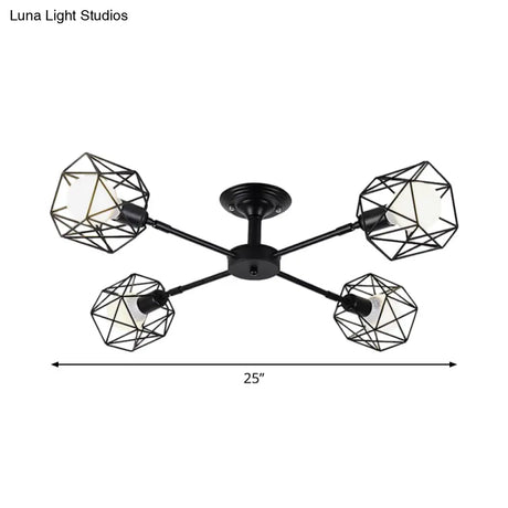 Iron Wire Cage Rotating Ceiling Chandelier - Warehouse Pendant Lamp 4/6/8-Light In Black