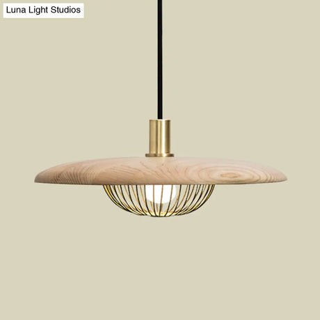 Iron Wire Domed Pendant Light With Wooden Shade - Modern And Suspended Lighting