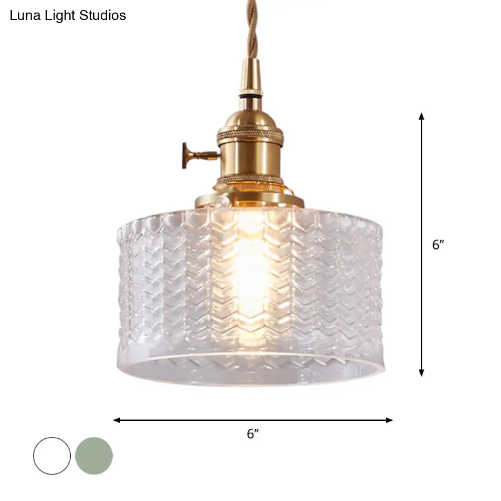 Isabella - Retro Short Cylinder Pendant Lighting 1 Head Clear/Green Wavy Glass Ceiling Hang Lamp