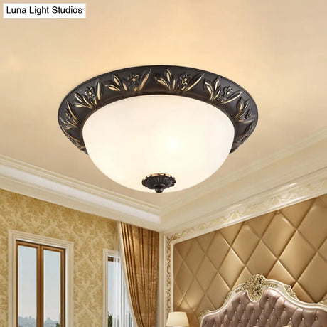 Ivory Glass Flush Mount Ceiling Lamp With Flower Trim In Black/Brass
