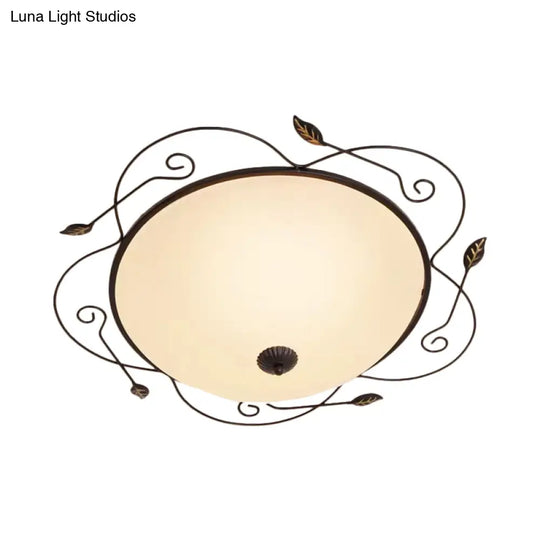 Ivory Glass Flushmount Ceiling Light With Twined Vines - 3-Head Dome Design Rural Style Black