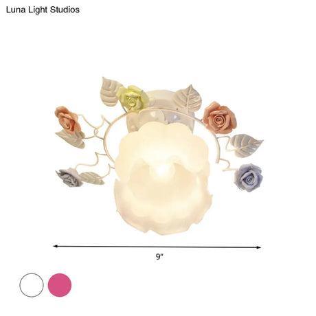 Ivory Glass Rose Ceiling Light - Traditional White/Pink Semi Flush Mount For Bedroom