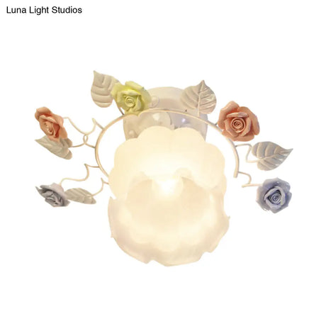 Ivory Glass Rose Ceiling Light - Traditional White/Pink Semi Flush Mount For Bedroom