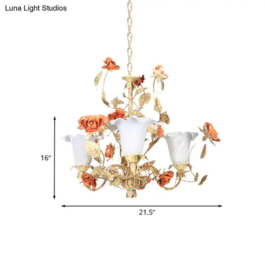 Ivory Glass Tan Chandelier Blossom Pendant Light - 3 Lights Korean Garden Inspired Fixture For