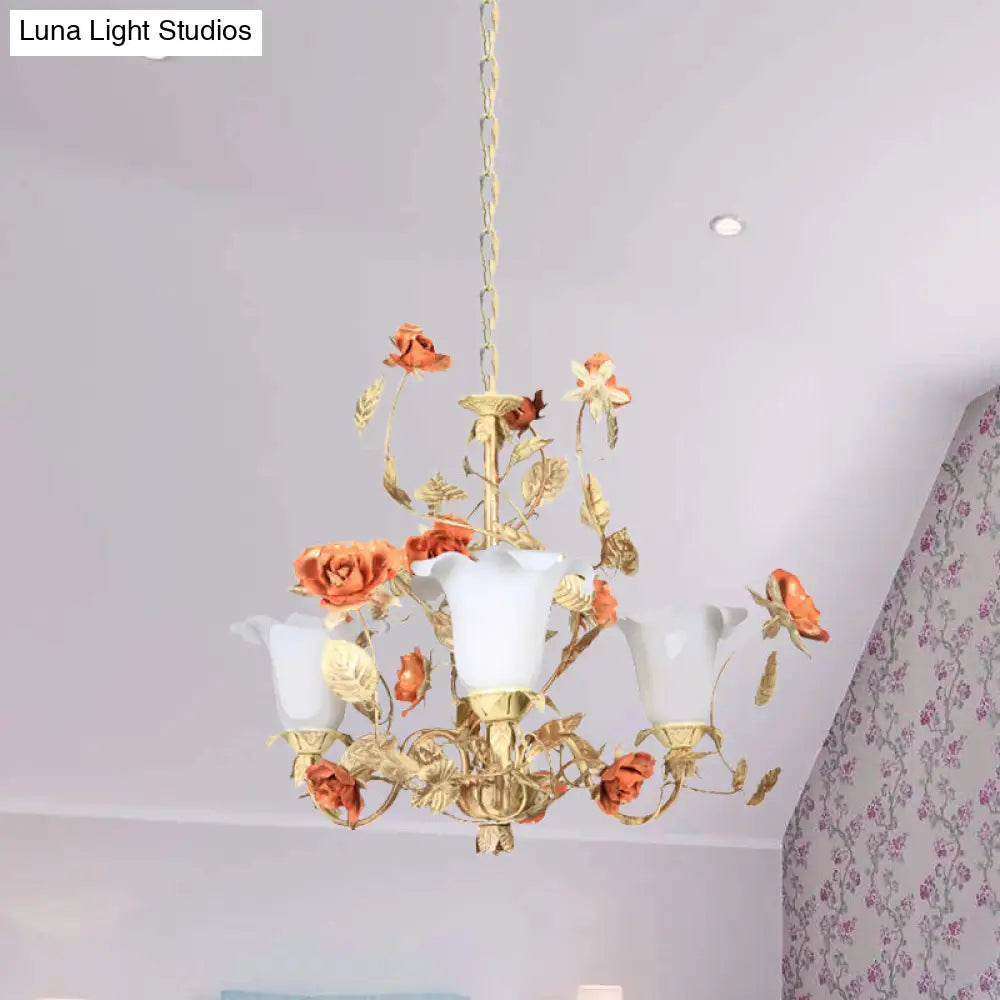Ivory Glass Tan Chandelier Blossom Pendant Light - 3 Lights Korean Garden Inspired Fixture For