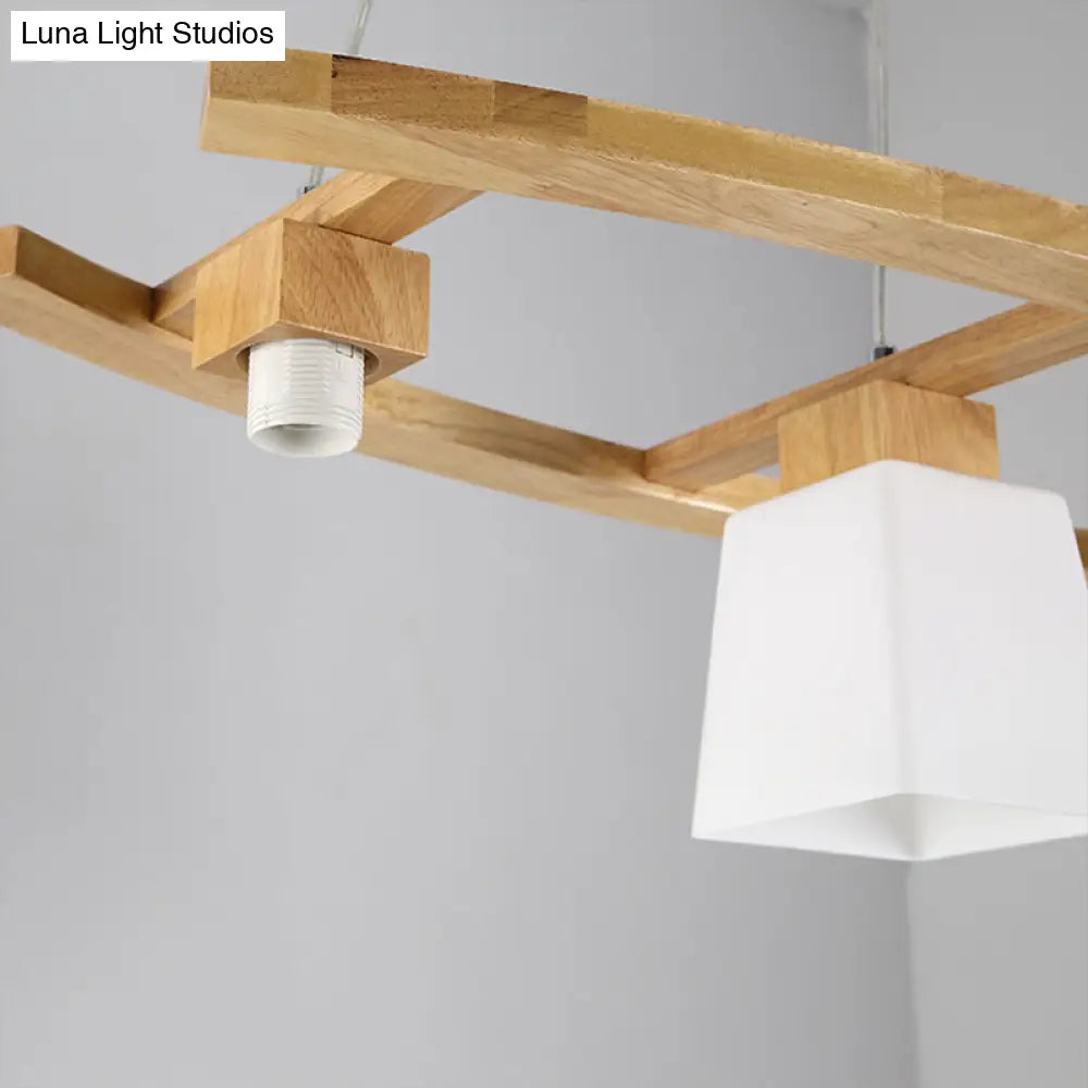 Ivory Glass Trapezoid Island Lamp - 3-Bulb Minimalist Pendant Light In Wood For Dining Room