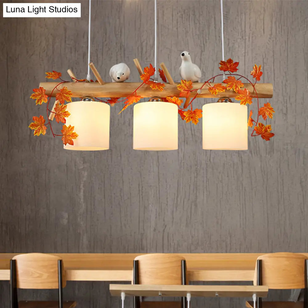 Ivory Glass Wood Island Pendant - Industrial Style With Maple/Green Leaf And Bird Décor 2/3 Bulbs 3