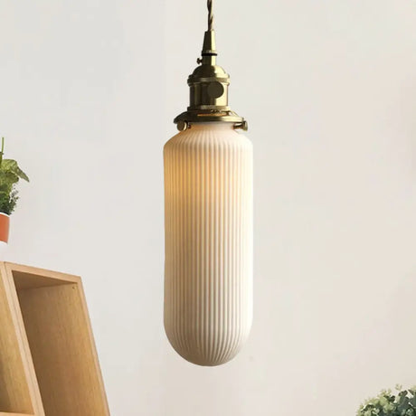 Ivory Ribbed Glass Pendant Lamp - Modern Dining Room Hanging Light / Ellipsoidal
