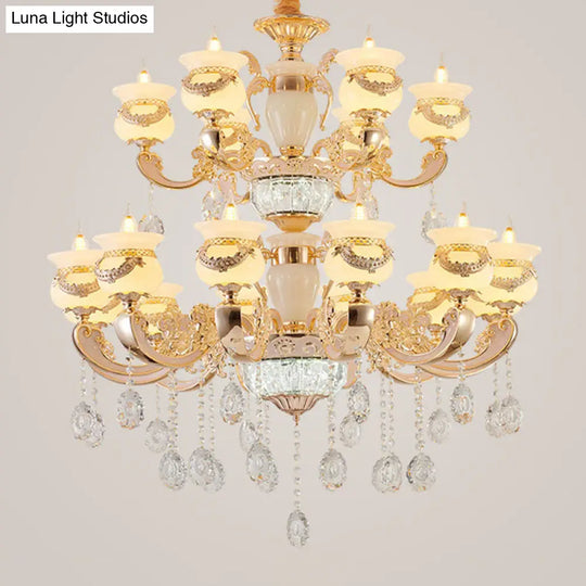 Jade Gold Candle Chandelier With Crystal Accent - Elegant Lighting For Country Living Rooms