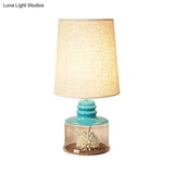 Jade - Pastoral Bucket Table Lamp 1-Bulb Fabric Night Light In Clear/Blue/Black With Dried Flower
