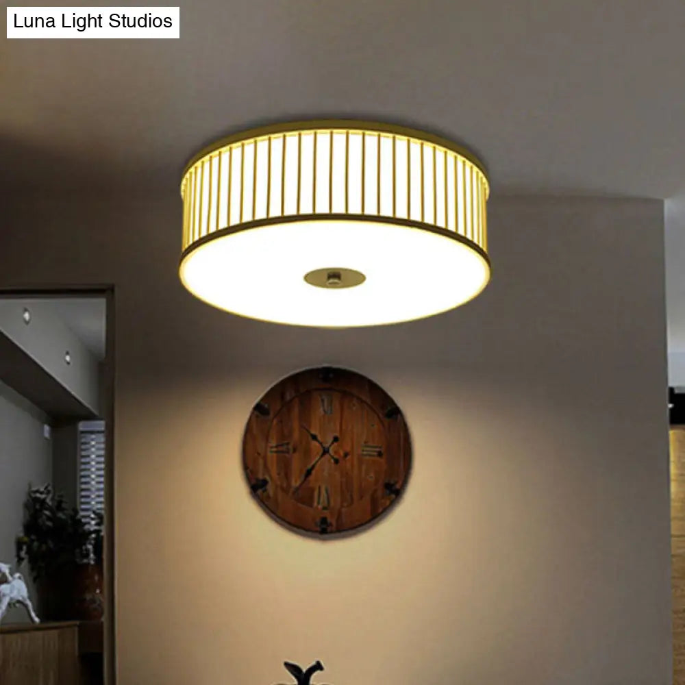 Japanese Bamboo Beige Led Cylinder Flush Mount Ceiling Light For Dining Room