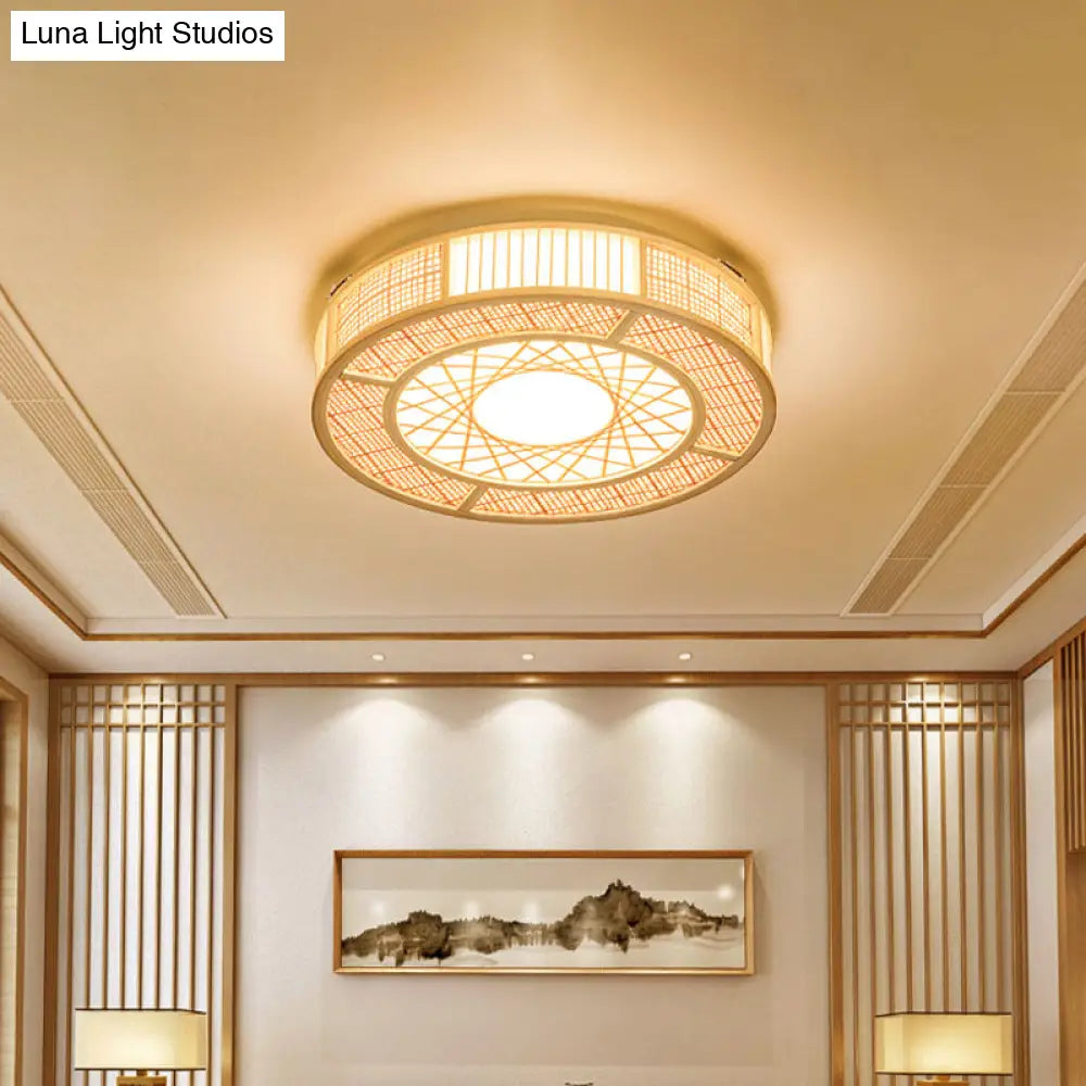 Japanese Bamboo Flushmount Ceiling Light With Handcrafted Wood Finish 3 Bulbs