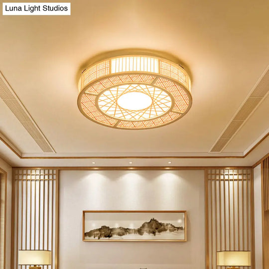 Japanese Bamboo Flushmount Ceiling Light With Handcrafted Wood Finish 3 Bulbs
