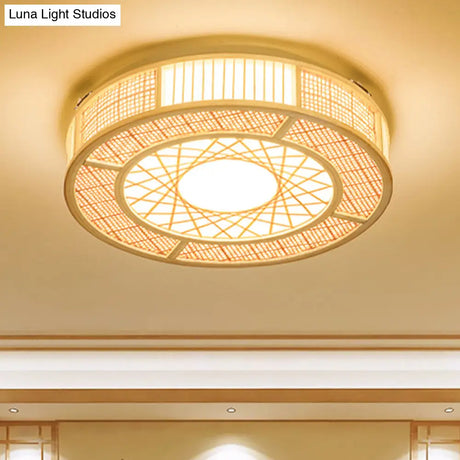 Japanese Bamboo Flushmount Ceiling Light With Handcrafted Wood Finish 3 Bulbs