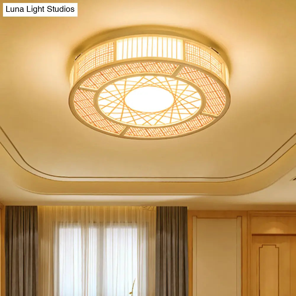 Japanese Bamboo Flushmount Ceiling Light With Handcrafted Wood Finish 3 Bulbs
