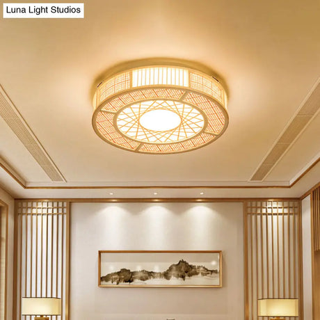 Japanese Bamboo Flushmount Ceiling Light With Handcrafted Wood Finish 3 Bulbs