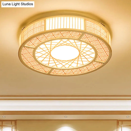Japanese Bamboo Flushmount Ceiling Light With Handcrafted Wood Finish 3 Bulbs