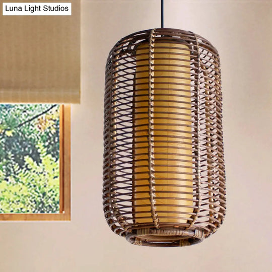 Japanese Bamboo Pendant Light - Cylindrical 1-Head Brown Suspended Lighting Fixture