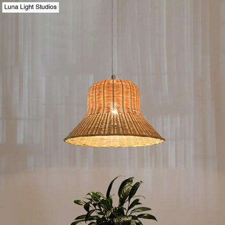 Japanese Bamboo Pendant Light Fixture - Beige Flared Design For Bedroom