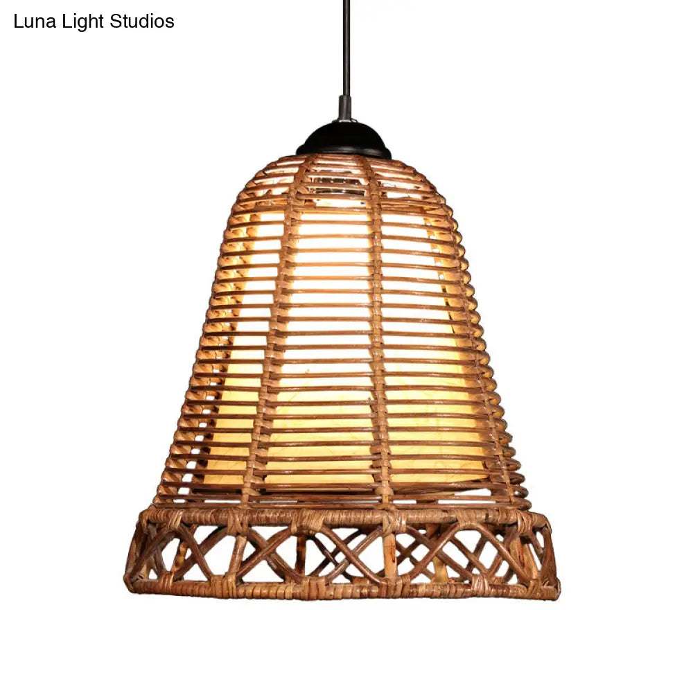Japanese Bamboo Trumpet Pendant Lamp In Khaki - 1 Bulb Ceiling Suspension Lighting