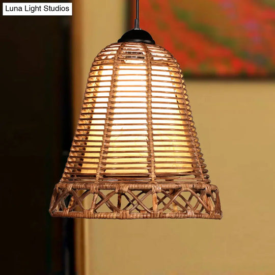 Japanese Bamboo Trumpet Pendant Lamp In Khaki - 1 Bulb Ceiling Suspension Lighting