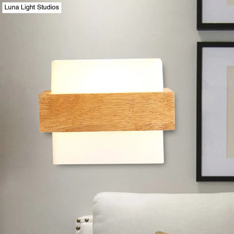 Japanese Cube Shade Sconce Lamp With Wood Deco Milk Glass - Modern Wall Lighting For Study Room
