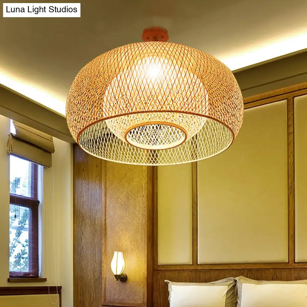 Japanese Hand Woven Bamboo Semi-Flush Mount Ceiling Lamp - Wood Finish