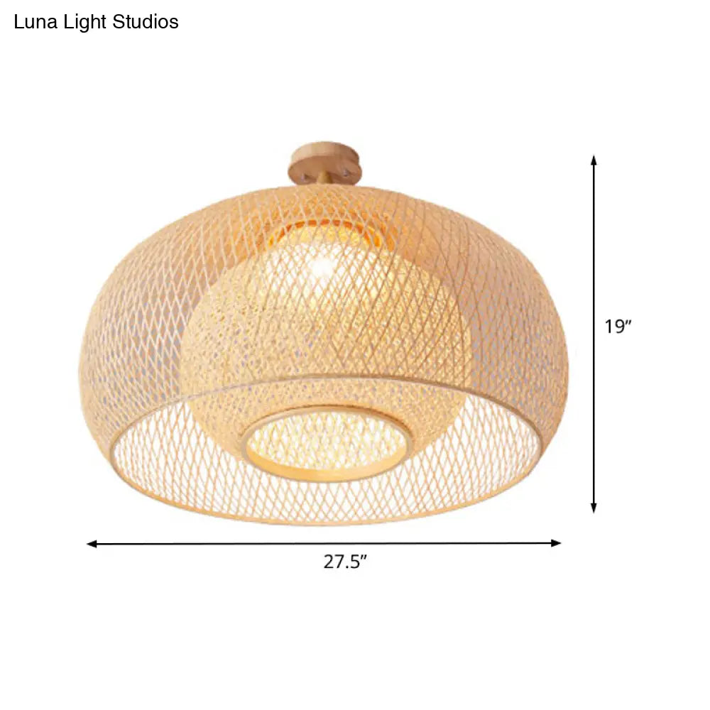 Japanese Hand Woven Bamboo Semi-Flush Mount Ceiling Lamp - Wood Finish
