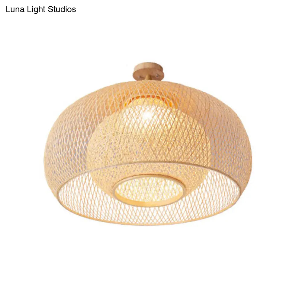 Japanese Hand Woven Bamboo Semi-Flush Mount Ceiling Lamp - Wood Finish