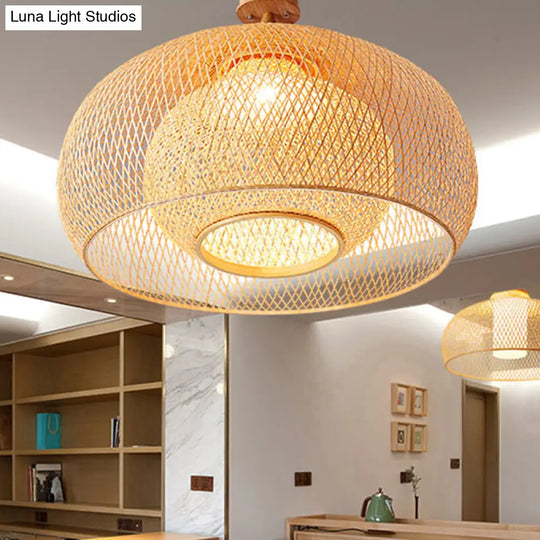 Japanese Hand Woven Bamboo Semi-Flush Mount Ceiling Lamp - Wood Finish