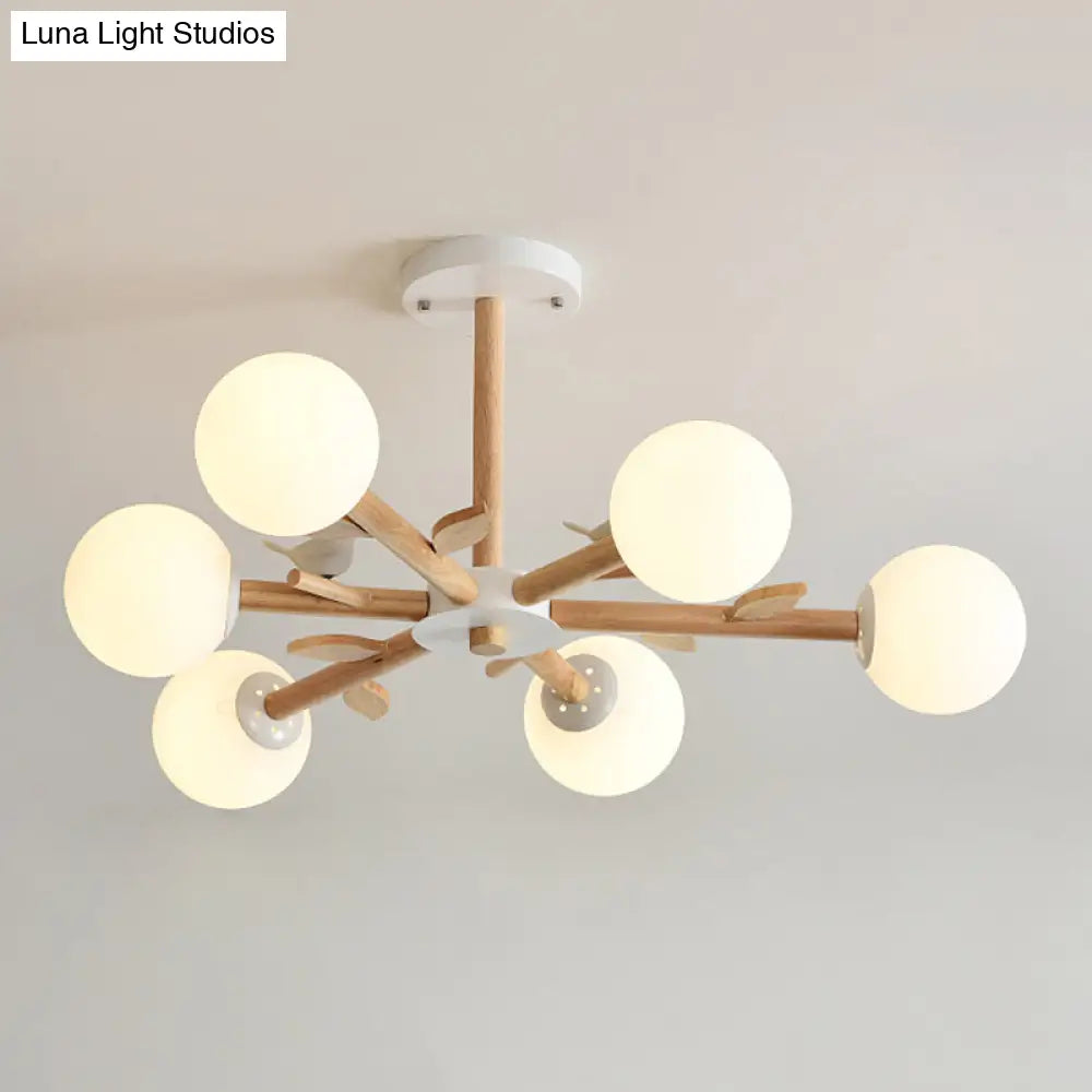 Japanese-Inspired Bedroom Chandelier With Orb Shade Birds Wood And Glass In White