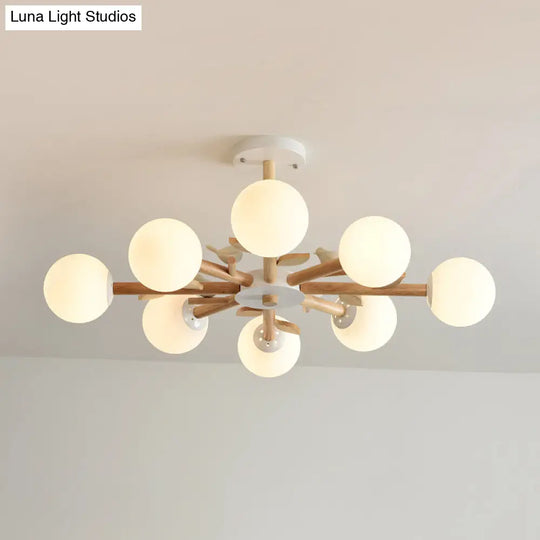 Japanese-Inspired Bedroom Chandelier With Orb Shade Birds Wood And Glass In White
