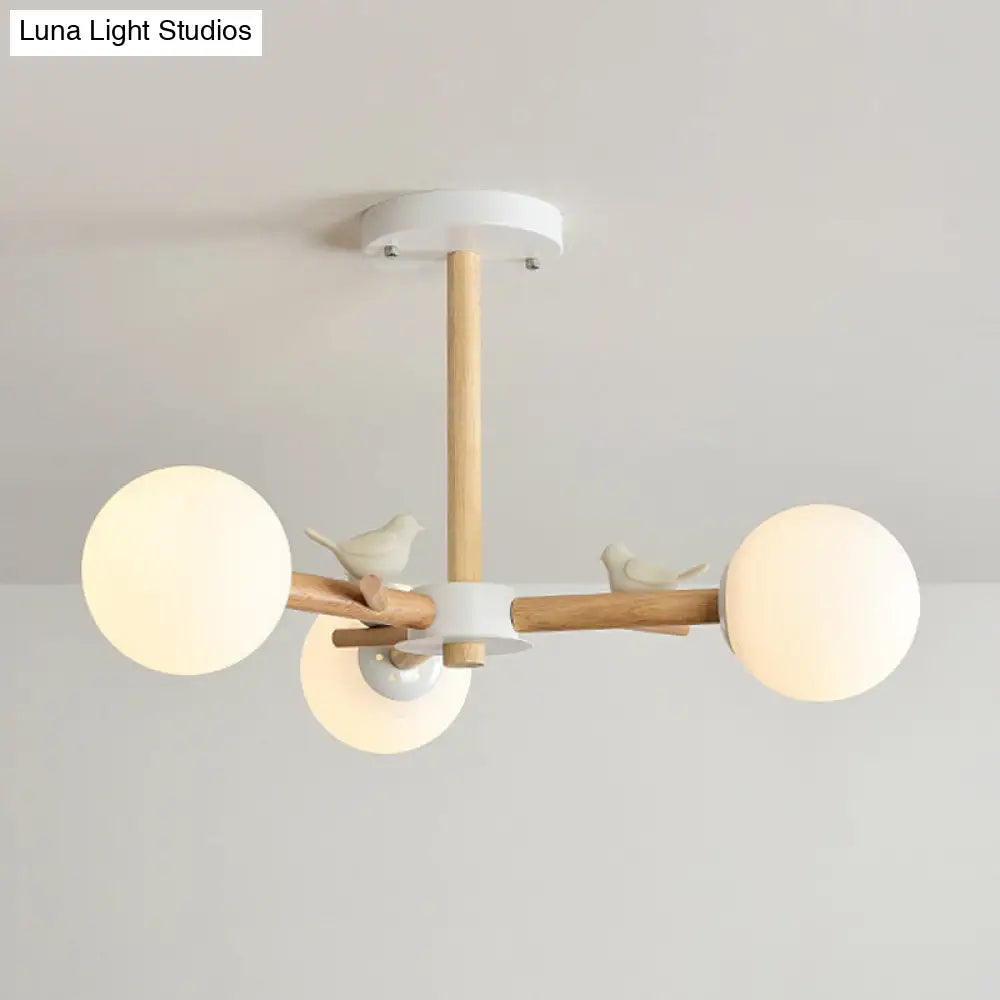 White Japanese Style Bedroom Chandelier With Bird Wood Glass Orb Shade
