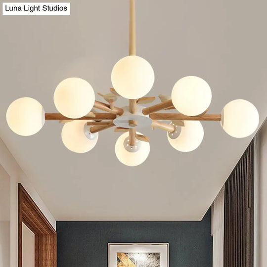 White Japanese Style Bedroom Chandelier With Bird Wood Glass Orb Shade