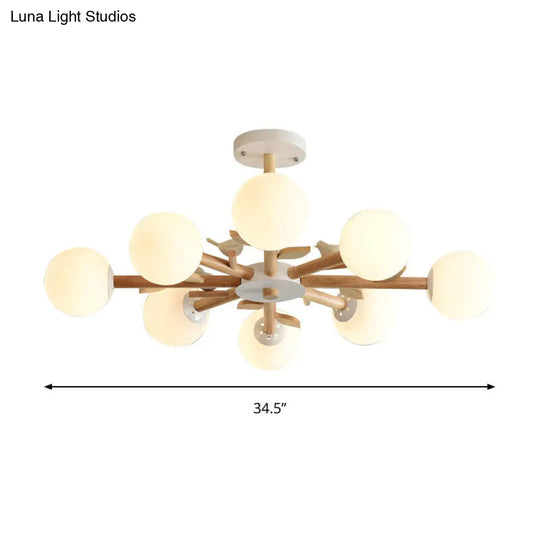White Japanese Style Bedroom Chandelier With Bird Wood Glass Orb Shade