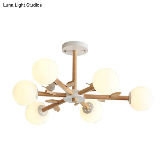 White Japanese Style Bedroom Chandelier With Bird Wood Glass Orb Shade