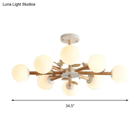 Japanese-Inspired Bedroom Chandelier With Orb Shade Birds Wood And Glass In White