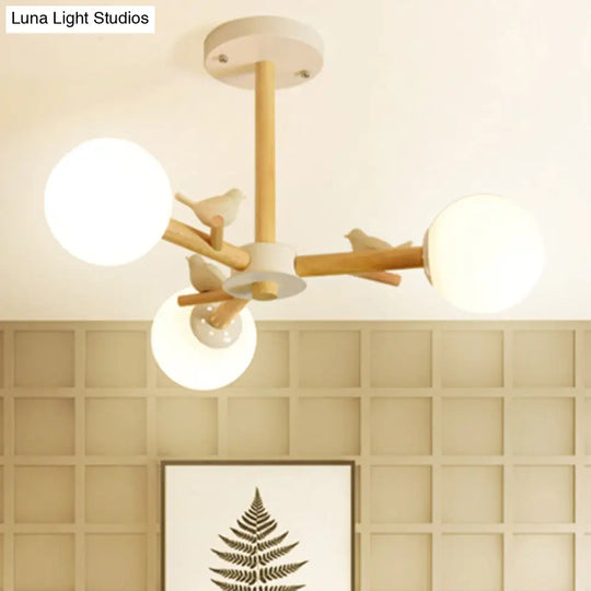 White Japanese Style Bedroom Chandelier With Bird Wood Glass Orb Shade 3 /