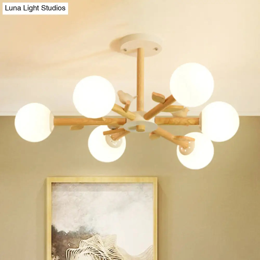 White Japanese Style Bedroom Chandelier With Bird Wood Glass Orb Shade 6 /