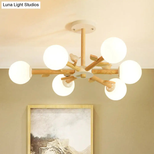 White Japanese Style Bedroom Chandelier With Bird Wood Glass Orb Shade 6 /