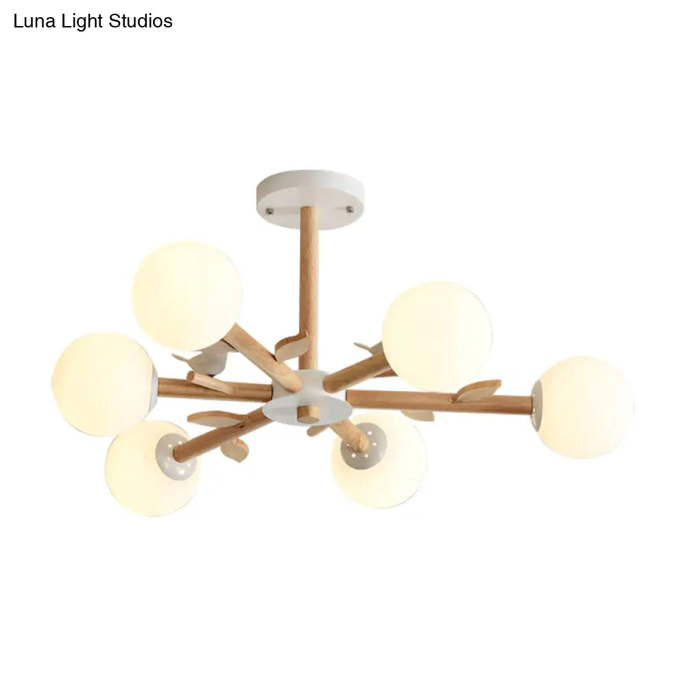 Japanese-Inspired Bedroom Chandelier With Orb Shade Birds Wood And Glass In White