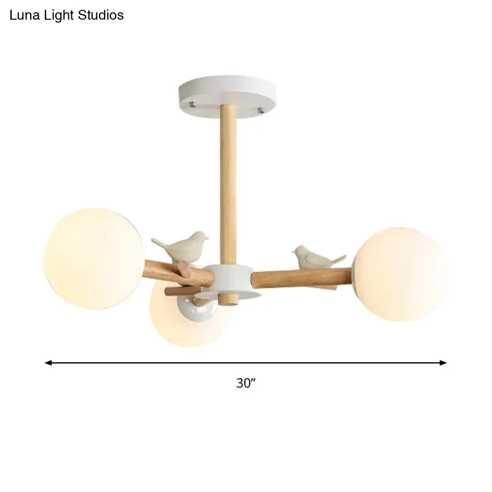 White Japanese Style Bedroom Chandelier With Bird Wood Glass Orb Shade