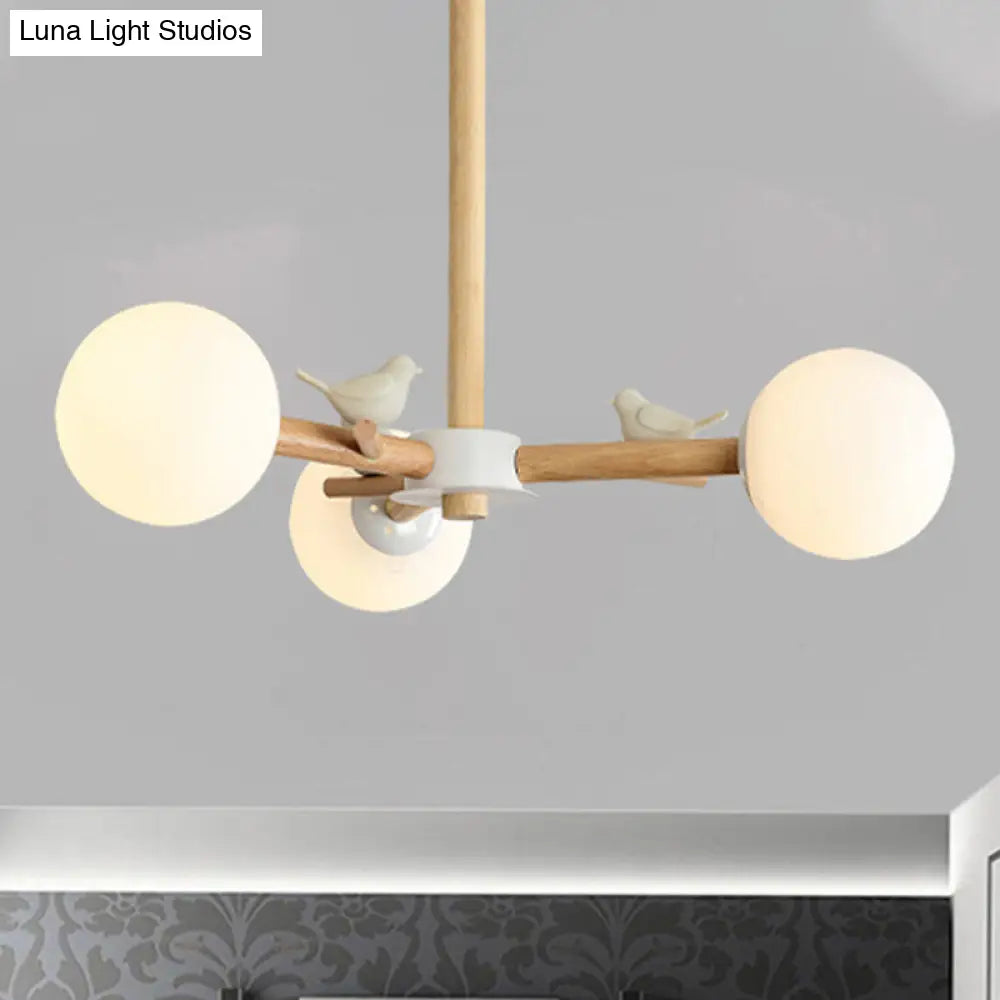 White Japanese Style Bedroom Chandelier With Bird Wood Glass Orb Shade