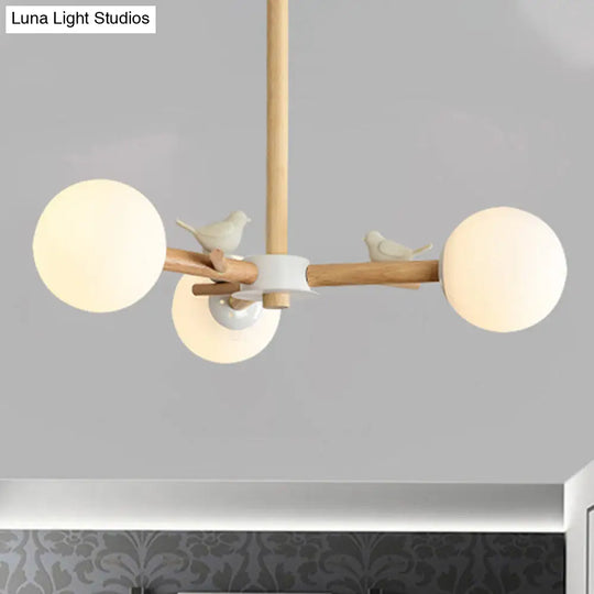 White Japanese Style Bedroom Chandelier With Bird Wood Glass Orb Shade