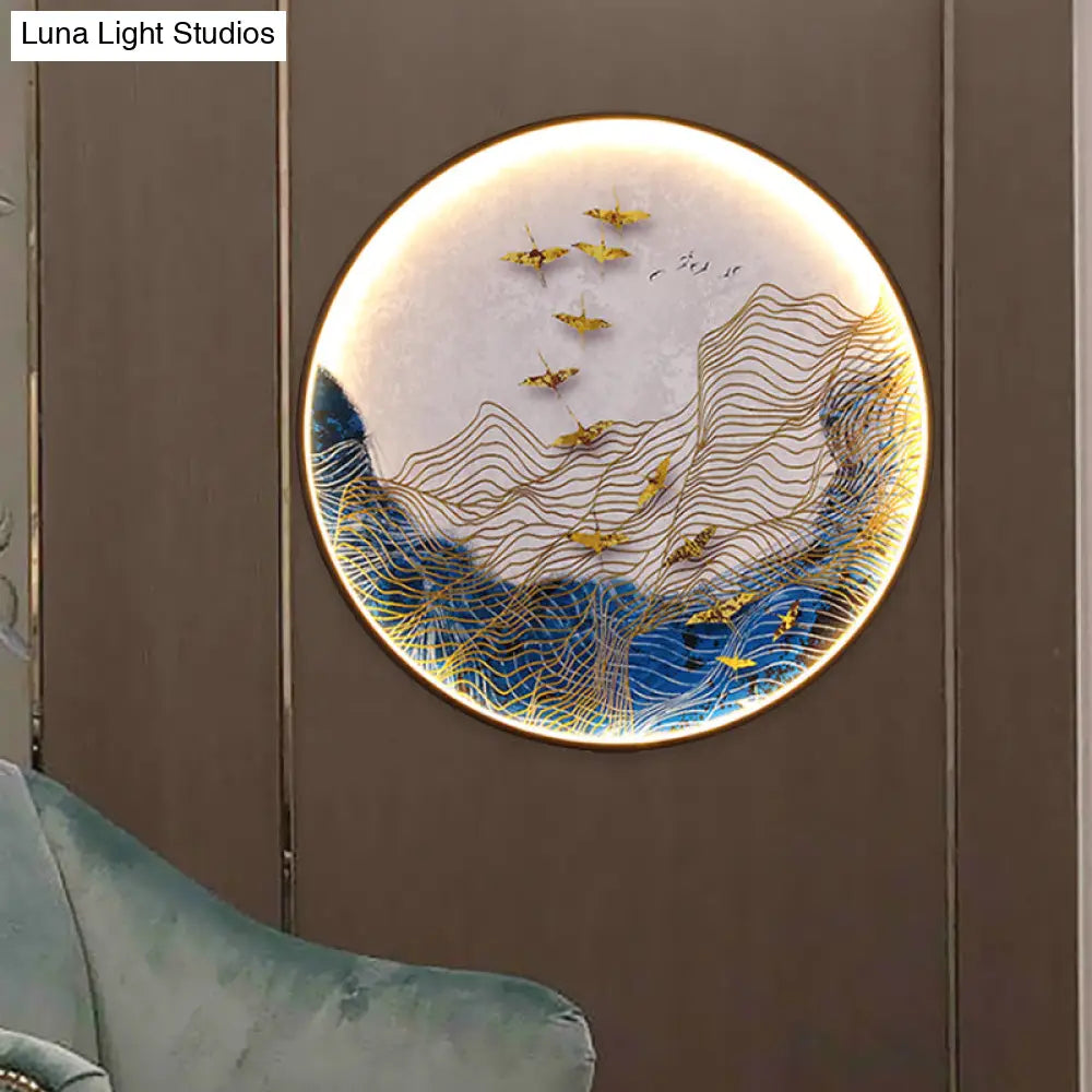 Japanese Metal Led Wall Sconce With Mountain And Bird Design For Dining Room Decor