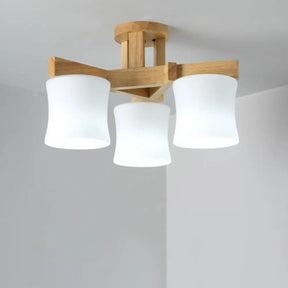 Japanese Semi Flush Mount Chandelier With White Glass Shade And Wooden Canopy 3 /