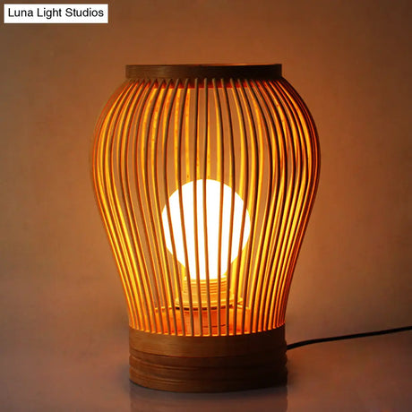 Japanese Small Desk Lamp With Bamboo Shade - White Droplet Task Lighting For Bedside